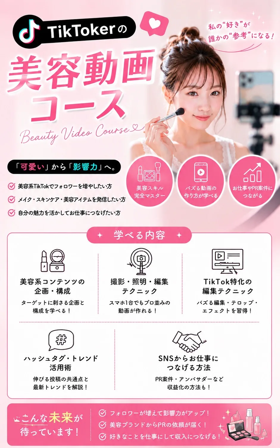 TikTokerの美容動画コース Beauty Video Course 私の“好き”が誰かの“参考”になる！「可愛い」から「影響力」へ。美容系TikTokでフォロワーを増やしたい方／メイク・スキンケア・美容アイテムを発信したい方／自分の魅力を活かしてお仕事につなげたい方 美容スキル完全マスター／バズる動画の作り方が学べる／お仕事やPR案件につながる 学べる内容：美容系コンテンツの企画・構成（ターゲットに刺さる企画と構成を学べる！）／撮影・照明・編集テクニック（スマホ1台でもプロ並みの動画が作れる！）／TikTok特化の編集テクニック（バズる編集・テロップ・エフェクトを習得！）／ハッシュタグ・トレンド活用術（伸びる投稿の共通点と最新トレンドを解説！）／SNSからお仕事につなげる方法（PR案件・アンバサダーなど収益化の方法も！） こんな未来が待っています！フォロワーが増えて影響力がアップ！美容ブランドからPRの依頼が届く！好きなことを仕事にして収入につなげる！