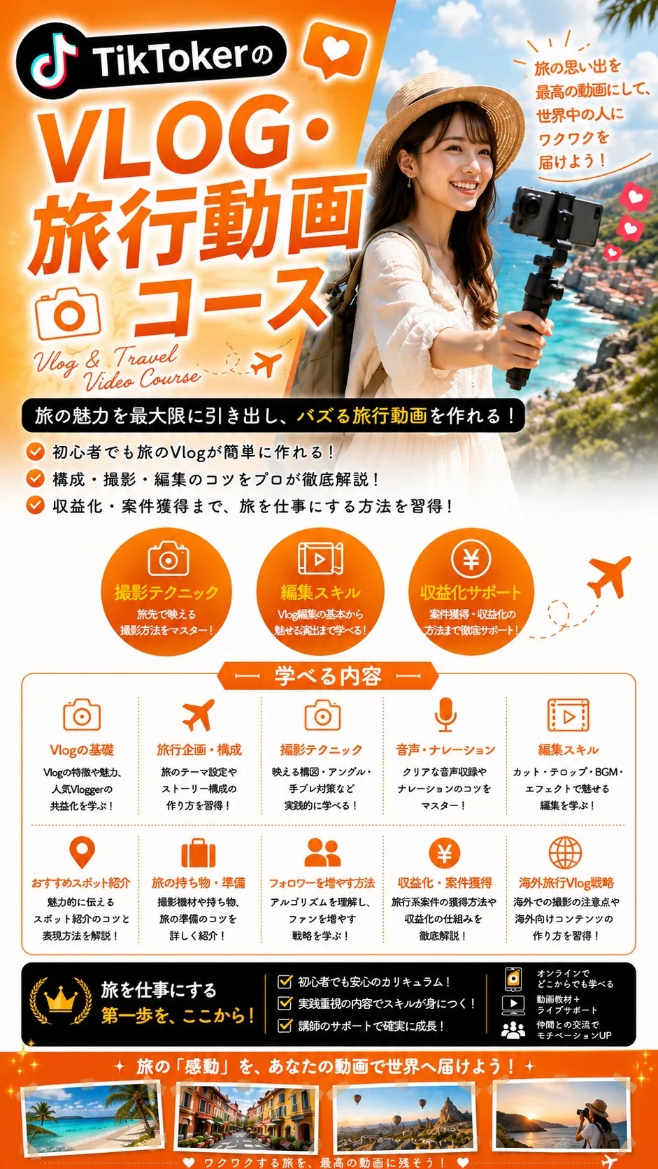 TikTokerのVLOG・旅行動画コース Vlog & Travel Video Course 旅の思い出を最高の動画にして、世界中の人にワクワクを届けよう！旅の魅力を最大限に引き出し、バズる旅行動画を作れる！ 撮影テクニック／編集スキル／収益化サポート 学べる内容：Vlogの基礎／旅行企画・構成／撮影テクニック／音声・ナレーション／編集スキル／おすすめスポット紹介／旅の持ち物・準備／フォロワーを増やす方法／収益化・案件獲得／海外旅行Vlog戦略 旅を仕事にする第一歩を、ここから！旅の「感動」を、あなたの動画で世界へ届けよう！